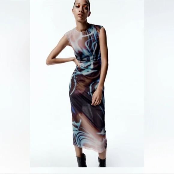 Zara blue blend PRINTED TULLE DRESS ZARA - Picture 8 of 16